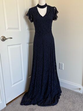 Aqua Midnight Blue Lace Maxi Dress